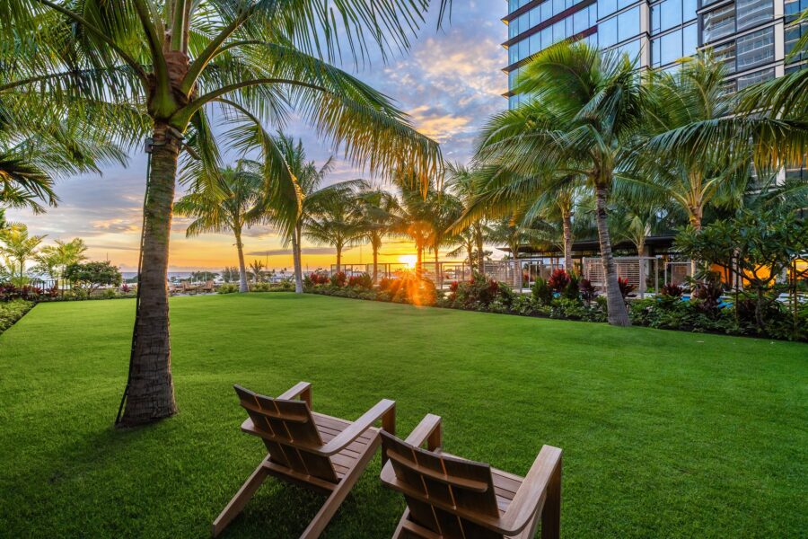 Two wooden chairs face a well-manicured lawn, surrounded by palm trees at Ward Village, with the modern glass façade of Victoria Place and a stunning sunset in the background.