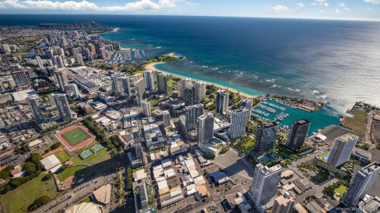 Aerial view of a coastal city with high-rise buildings, a marina, parks like Village Green, and a beach, backed by mountains and the ocean under a partly cloudy sky.