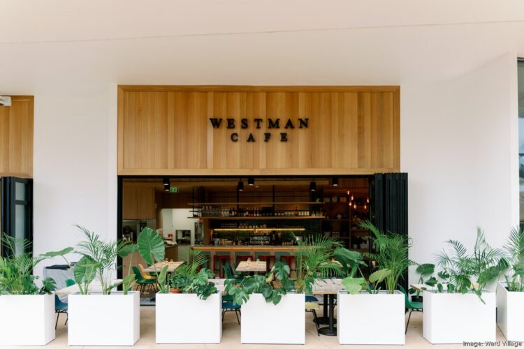 The entrance of Westman Cafe features large windows, potted plants, and neatly arranged tables and chairs outside, with a view of the interior counter and seating area.