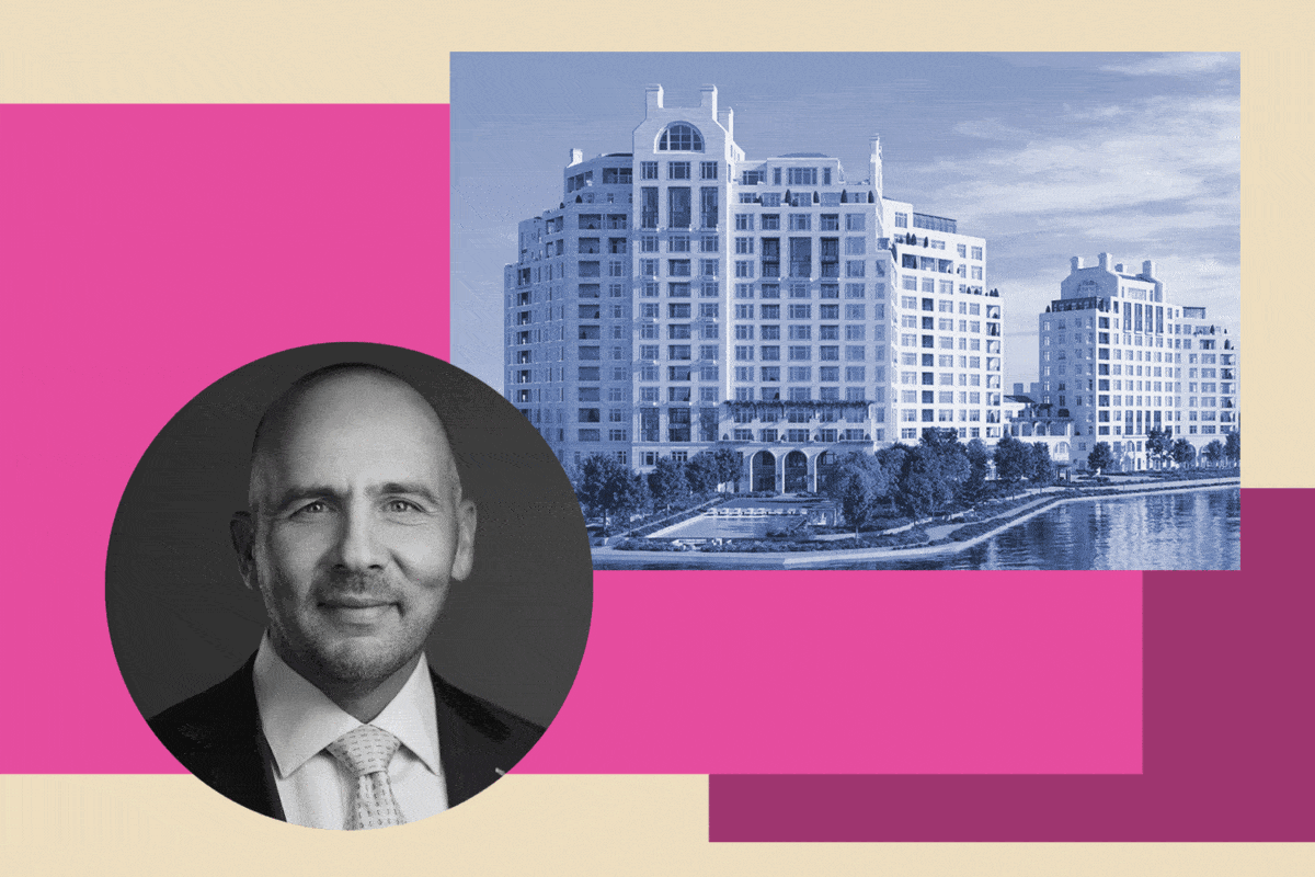 A grayscale portrait of a man in a suit is overlaid on a tinted photo of a multi-story waterfront building, with abstract pink and beige shapes in the background.