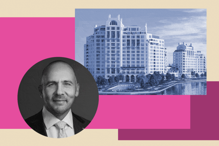 A grayscale portrait of a man in a suit is overlaid on a tinted photo of a multi-story waterfront building, with abstract pink and beige shapes in the background.