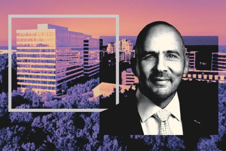 Black-and-white portrait of a man in a suit overlaid on a colorized cityscape with office buildings and trees, featuring graphic rectangular elements.
