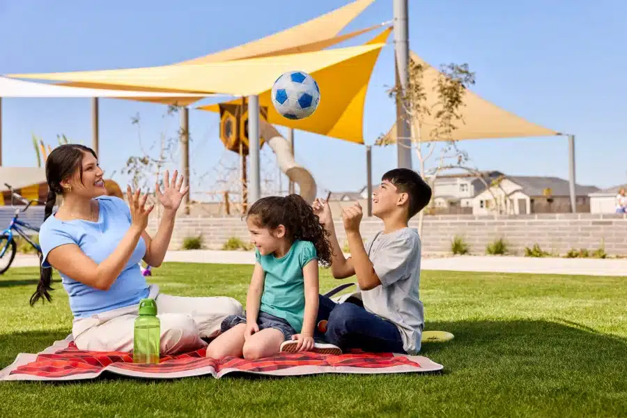 Three children sit on a picnic blanket in a park, playing with a soccer ball, with playground equipment and shade structures in the background.